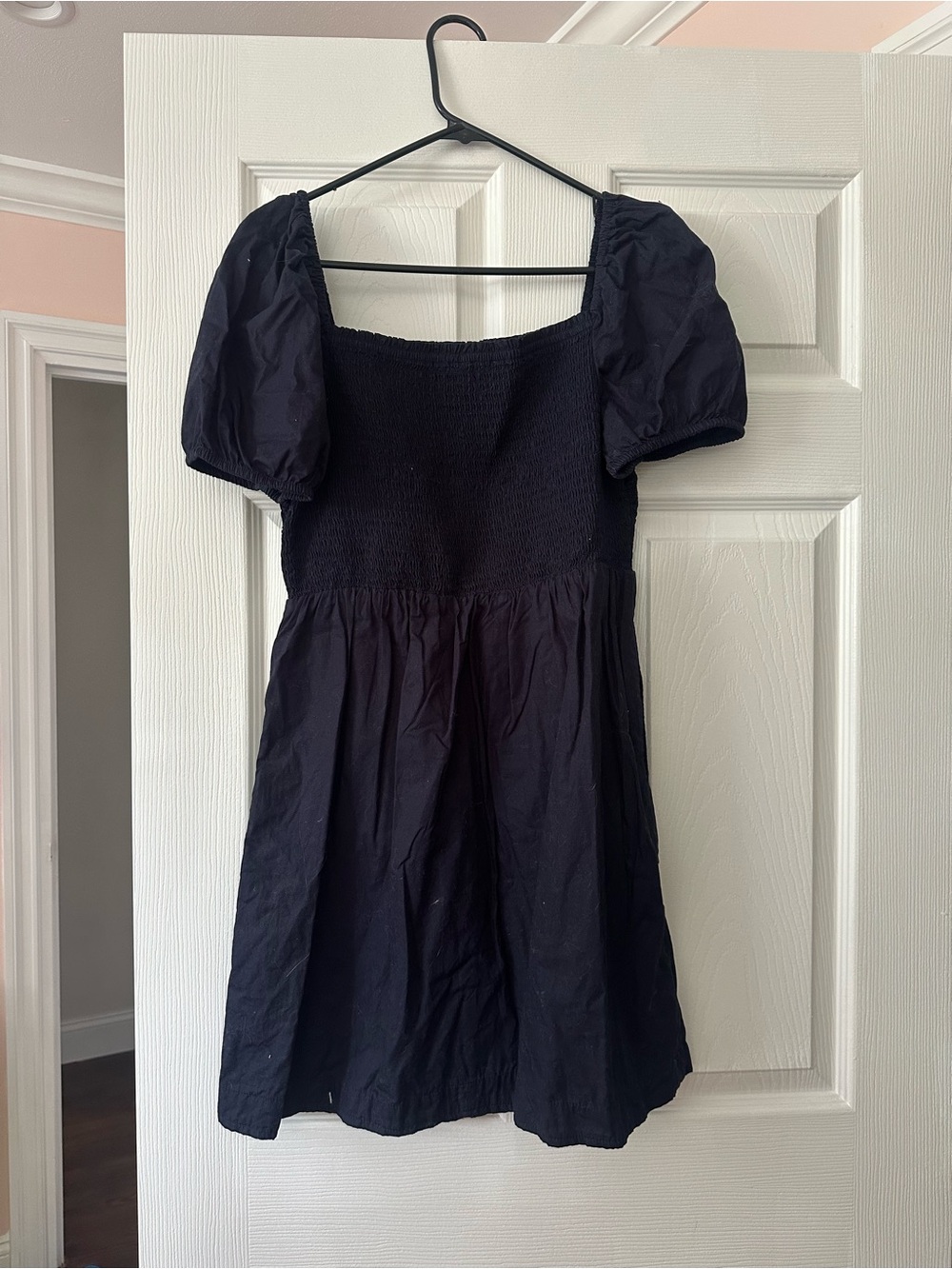 Navy Blue Puff Sleeve Smocked Bodice Mini Dress